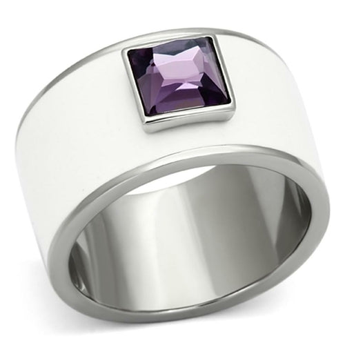 High Polished Stainless Steel Ring with Synthetic Amethyst Center Stone - In Stock, Ships in 1 Day - Jewelry & Watches - Bijou Her - Size -  - 