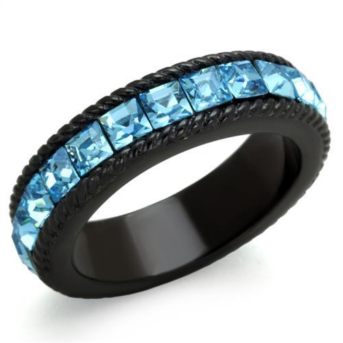 IP Black Stainless Steel Ring with Top Grade Crystal - Sea Blue, 6.80g - Jewelry & Watches - Bijou Her -  -  - 