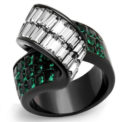 IP Black Stainless Steel Ring with Blue Zircon Synthetic Glass Stone - Rings - Bijou Her -  -  - 