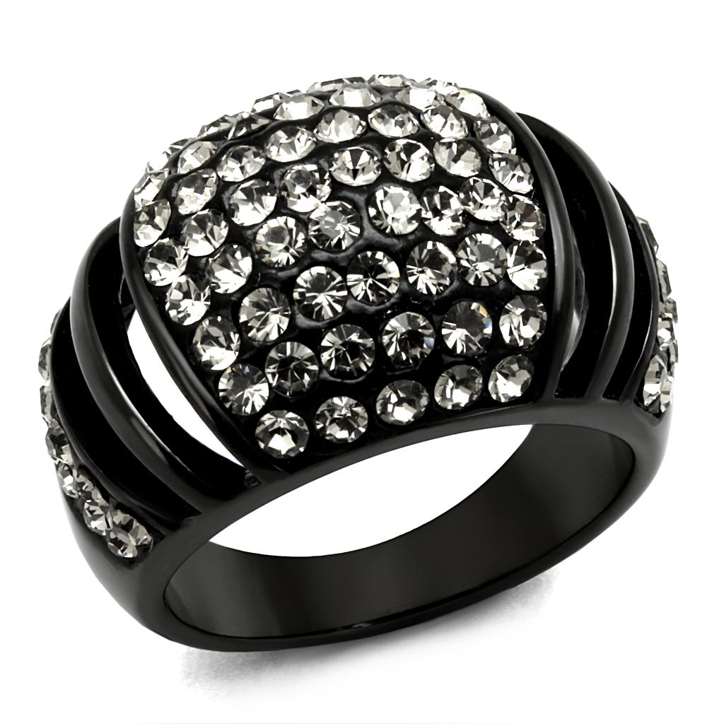 IP Black Stainless Steel Ring with Top Grade Crystal - Hematite Stone Color - Rings - Bijou Her -  -  - 