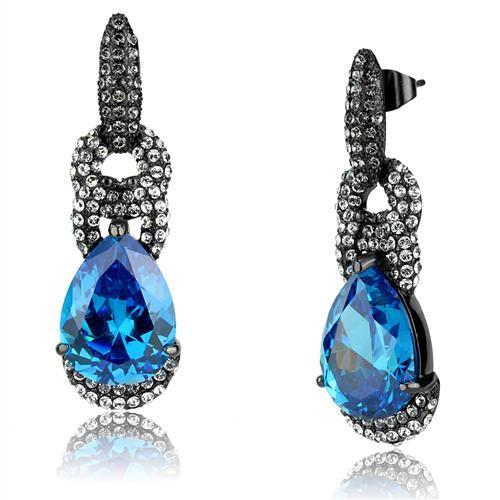 Le Glace Women's Stainless Steel IP Gun Drop Earrings with Sea Blue Pear-Shaped AAA CZ Stones - Earrings - Bijou Her -  -  - 