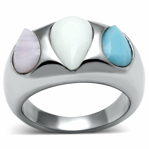High Polished Stainless Steel Ring with Synthetic Glass Center Stone - In Stock, Ships in 1 Day - Jewelry & Watches - Bijou Her - Size -  - 