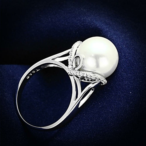 Rhodium Sterling Silver Ring with Synthetic Pearl - White Color, TSAO Collection - Jewelry & Watches - Bijou Her - Size -  - 