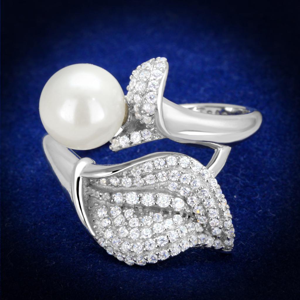 Rhodium Sterling Silver Ring with White Synthetic Pearl - 925 Silver - Jewelry & Watches - Bijou Her -  -  - 